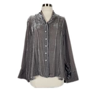 Vintage J. Jill Gray Velvet Silk Blend Pintuck Lagenlook Button Up Coatigan L